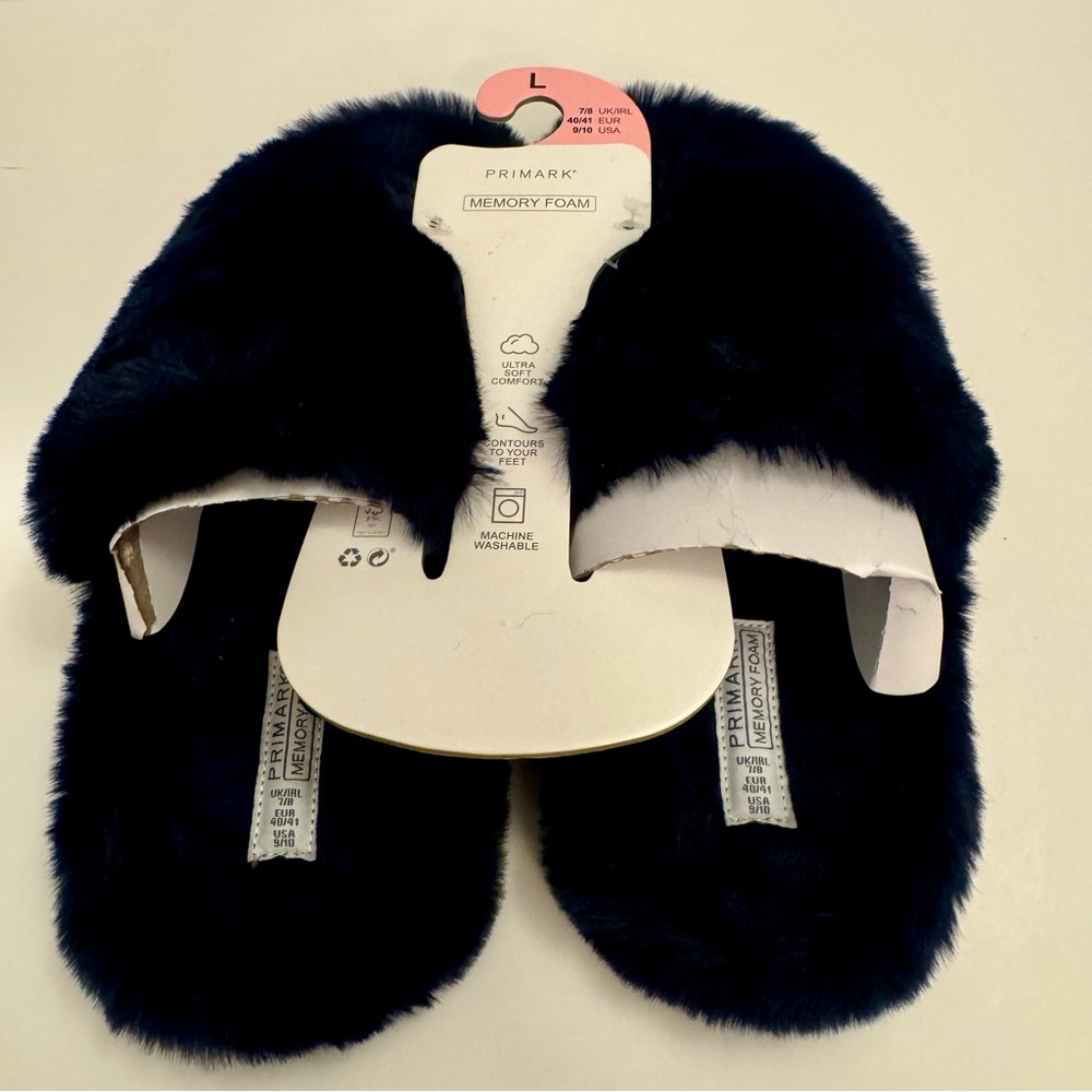 NWT. Primark furry slippers. memory foam slippers size 10. Dark navy blue/black